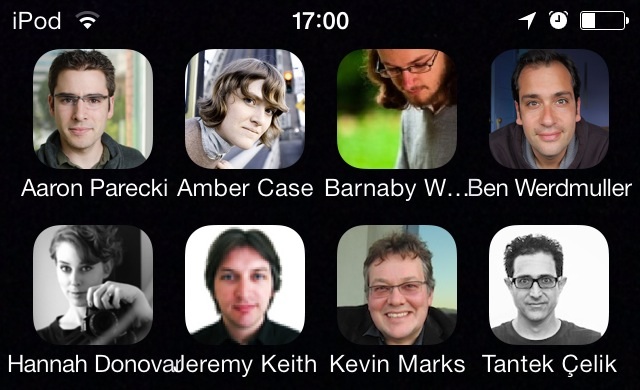 screenshot of an iPod touch home screen with two rows of people icons