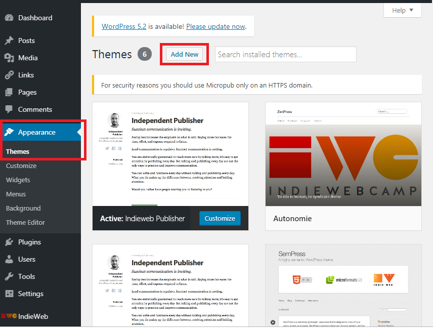 Screencapture of the WP admin UI highlighting the Appearance>>Themes section and the "Add New" button on the Themes interface page