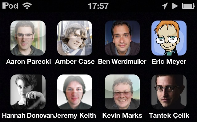 screenshot of an iPod touch home screen with two rows of people icons