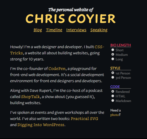 screencapture of Chris Coyier's customizable bio on his homepage