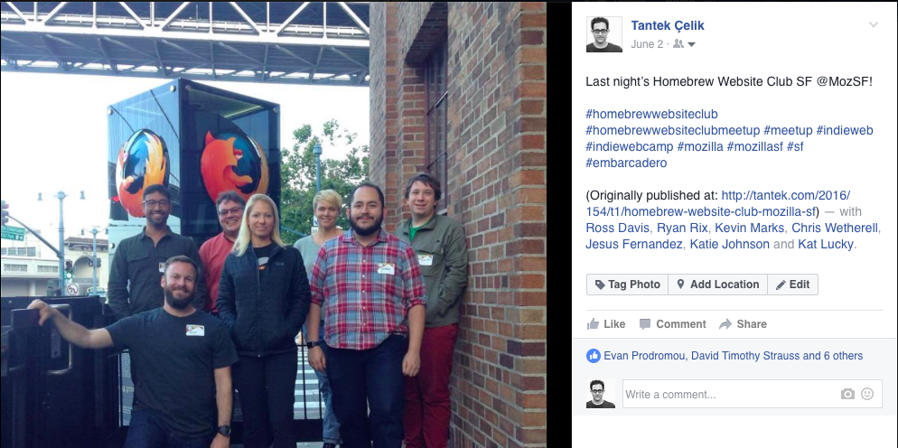 Screenshot of the Facebook POSSE copy of an indie photo post with person-tags.