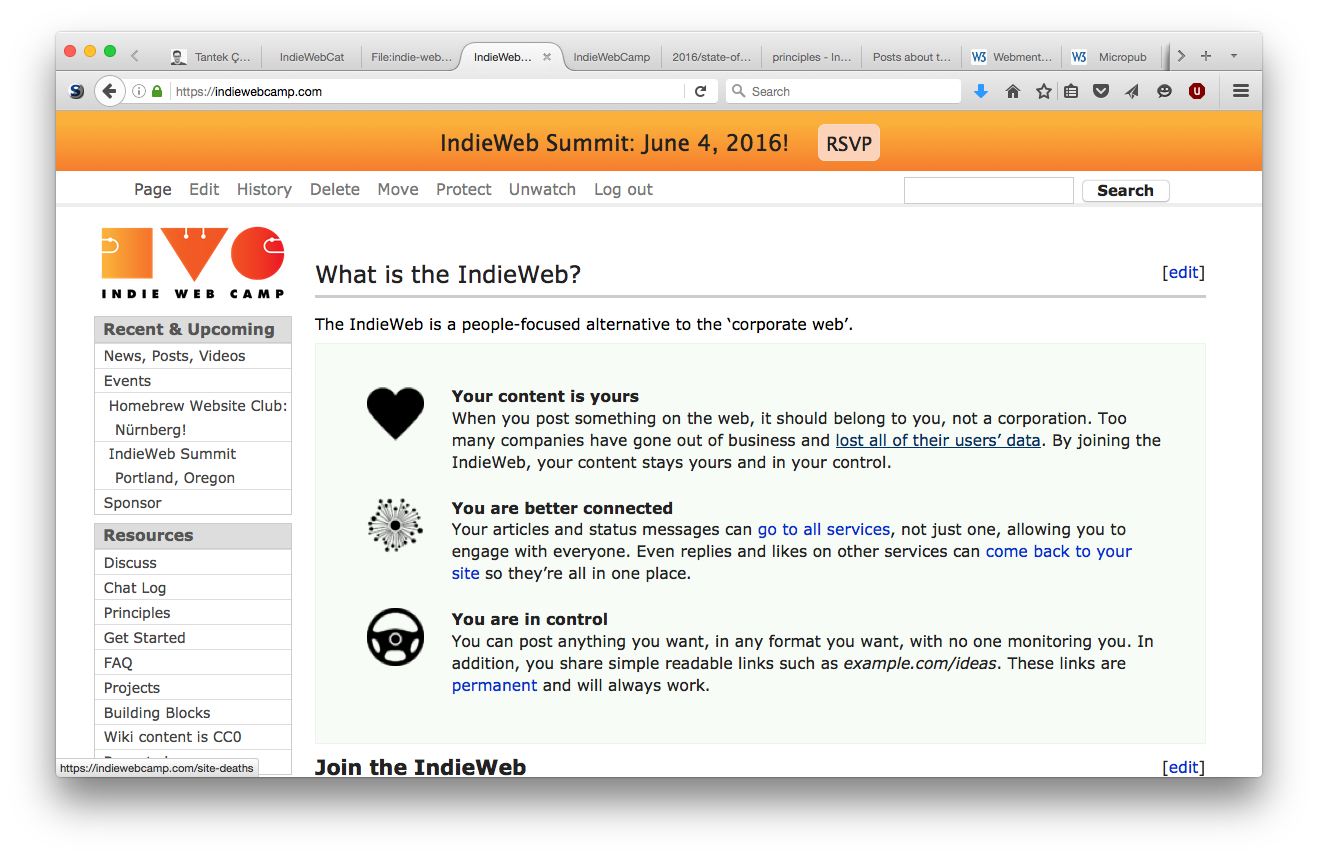 Screenshot of the IndieWebCamp.com home page as of 2016-06-03